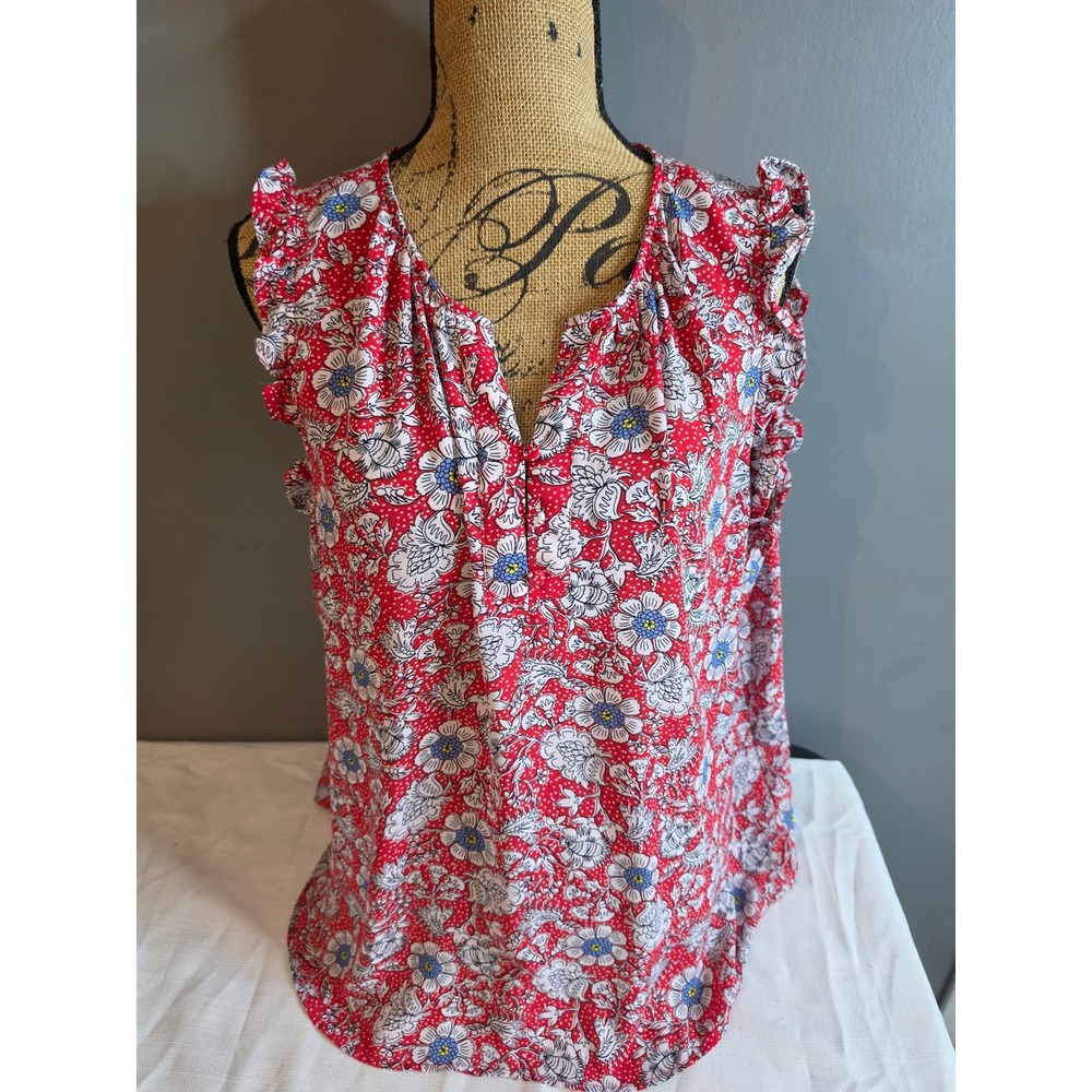 Loft Outlet Red Floral Ruffle Sleeve Split Neck Blouse XL